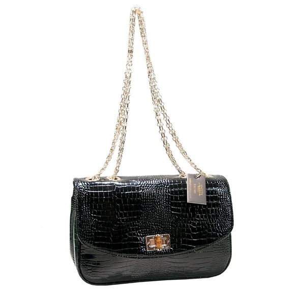 Amrita Singh Handbags - Amrita Singh Black Croc Faux Patent Jumbo Flap Bag